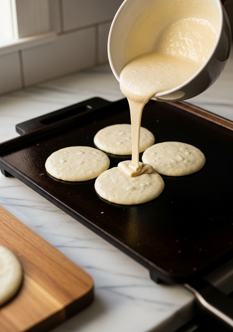 A close-up, delicious shot of High Protein Gluten Free Pancake batter being poured from a minimalist ceramic bowl onto a hot, lightly greased griddle, creating perfectly round shapes. The marble countertops are visible, along with the corner of the same wooden cutting board, all under soft morning light, emphasizing warm tones and a clean kitchen.