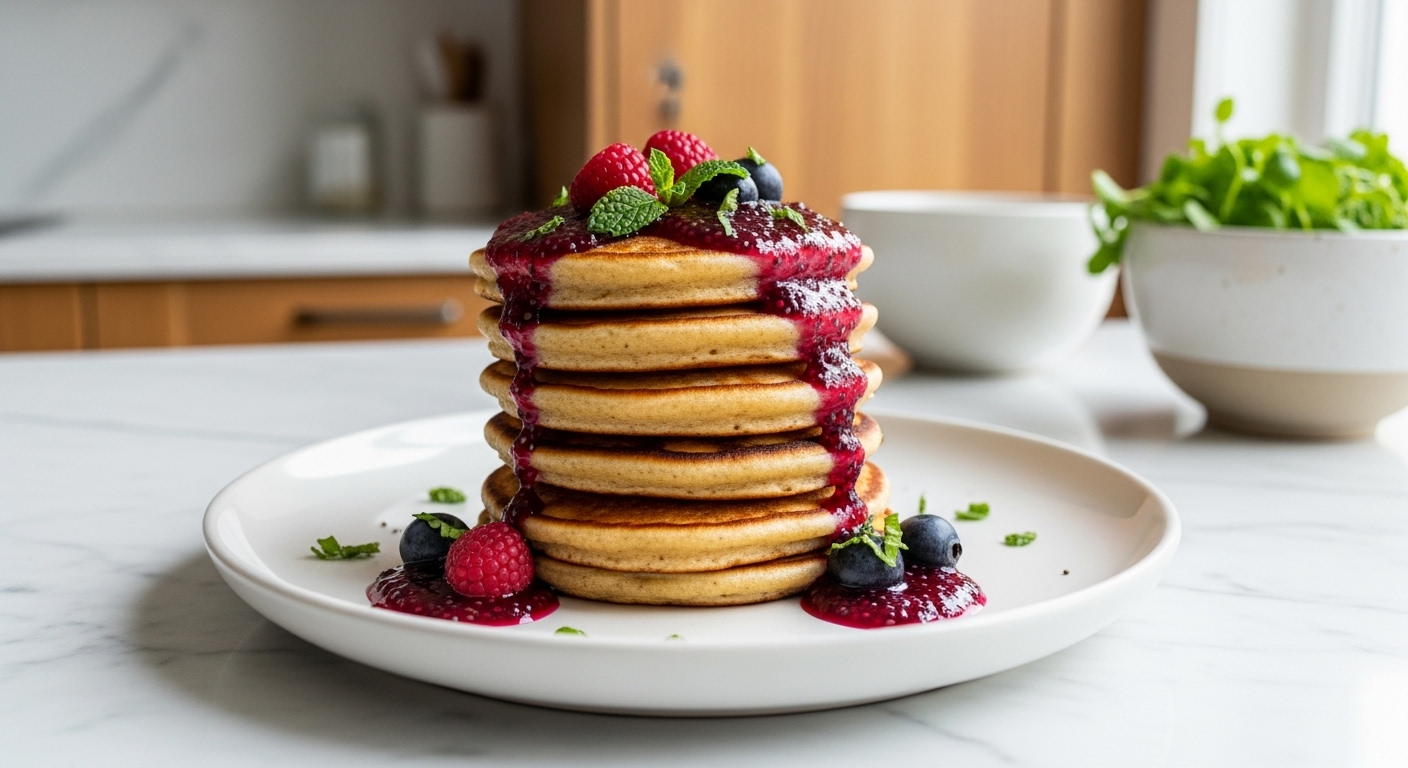 A mouth-watering stack of golden brown High Protein Gluten Free Pancakes on a minimalist white plate, generously drizzled with vibrant berry chia jam and a sprinkle of fresh mint. The scene is bathed in natural morning light from the east window, with the marble countertops and warm wood accents visible in the background, along with a hint of fresh herbs in a ceramic bowl, presented cleanly and tidily.