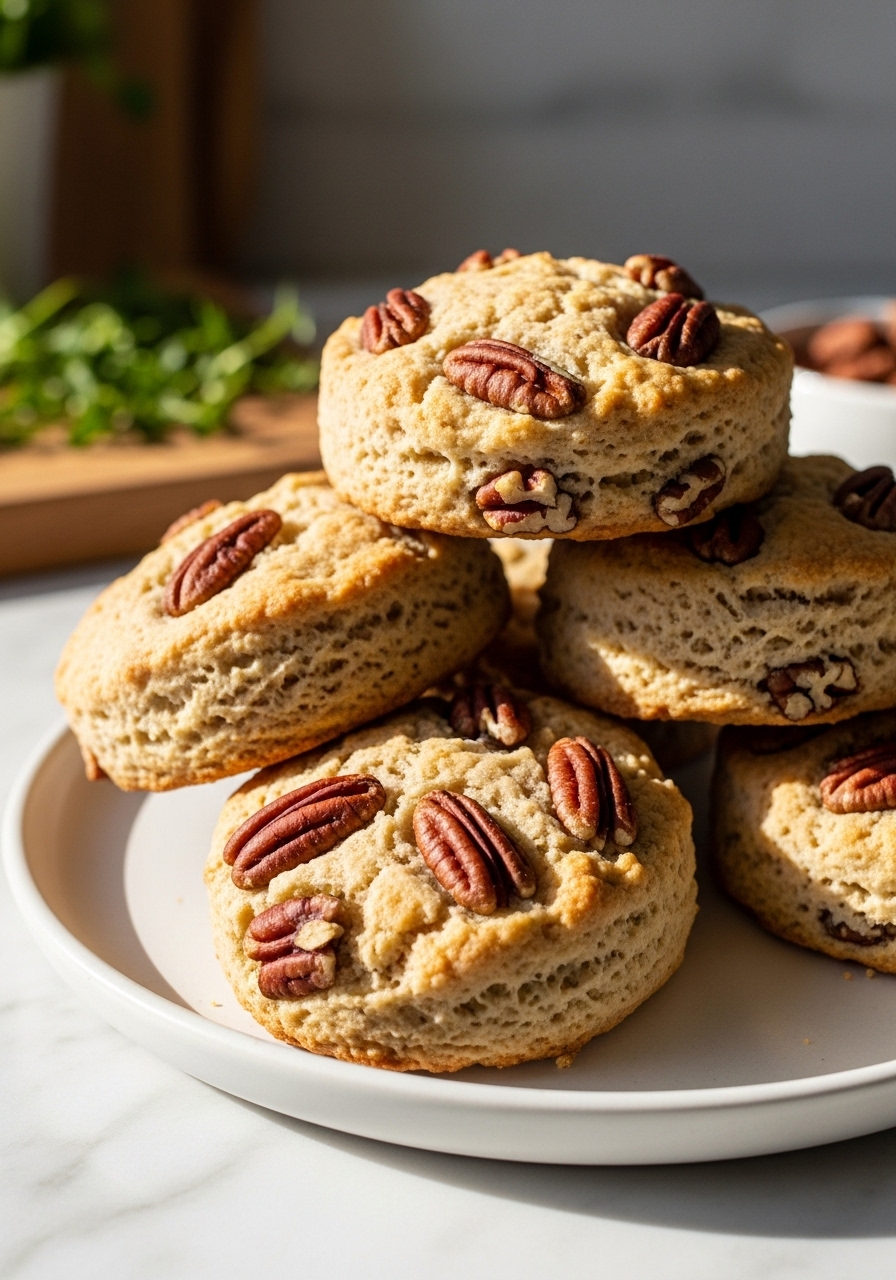 A close-up, slightly angled shot of a stack of golden brown High-Protein Maple Pecan Scones on a minimalist white plate, showcasing their tender crumb and generous pecan pieces. The scene is bathed in natural morning light, with a hint of the marble countertop and a wooden cutting board in the soft background, fresh herbs out of focus. Warm tones are emphasized, making the scones look incredibly delicious.