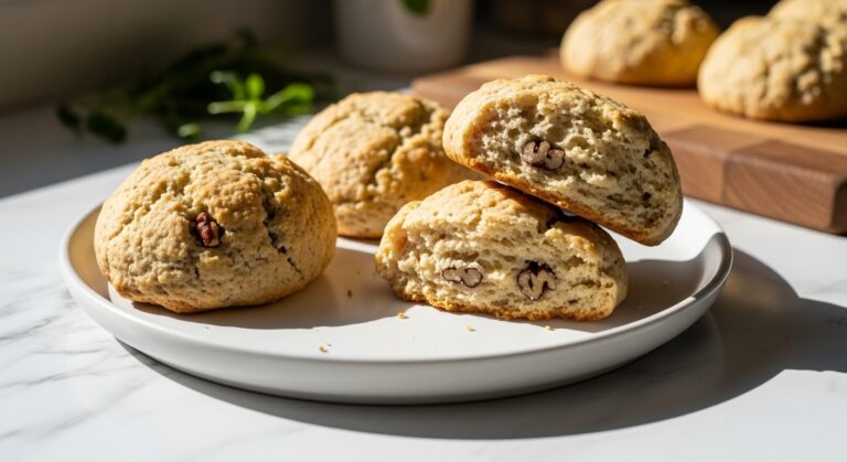 A beautifully plated hero shot of golden brown High-Protein Maple Pecan Scones, two whole and one split open, artfully arranged on a minimalist white plate on a marble countertop. Natural morning light from the east window casts soft shadows. Fresh herbs are subtly visible in the background, out of focus. The same wooden cutting board is peeking into the frame, adding a warm, tidy accent. The scones look incredibly mouth-watering and deliciously appealing.
