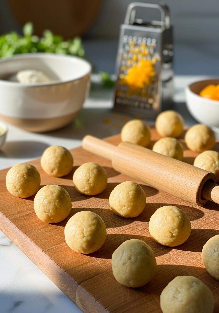 A close-up shot of High-Protein Orange Blossom Cookie dough being rolled into small, uniform balls on the same wooden cutting board, with a ceramic bowl of ingredients and a grater with orange zest blurred in the background. The natural morning light illuminates the marble countertops, revealing soft shadows and warm tones, maintaining a clean and tidy setup with fresh herbs subtly visible.