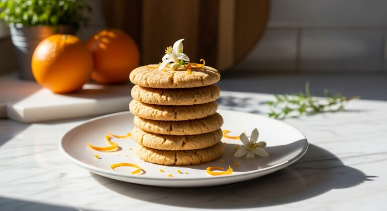 A beautifully plated stack of High-Protein Orange Blossom Cookies on a minimalist white plate, garnished with fresh orange zest and a delicate orange blossom sprig. The scene is bathed in natural morning light from an east window, highlighting the marble countertops with subtle wood accents in the background. Fresh herbs are visible, and soft shadows create warm tones, showcasing a clean and tidy presentation with delicious appeal.