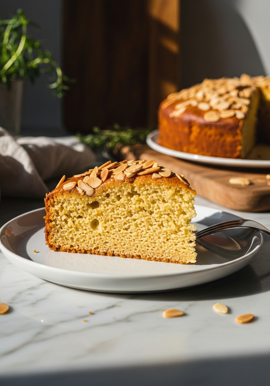 A rustic, mouth-watering slice of Honey Almond Cake, showcasing its incredibly soft and moist golden crumb, with a gentle scattering of toasted almond slices on top, resting on a minimalist white plate on marble countertops. The scene is bathed in natural morning light, with soft shadows, a glimpse of the wooden cutting board, and fresh herbs in the background. NO HANDS.