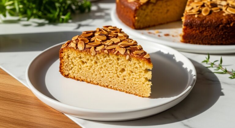 A beautifully plated slice of golden brown Honey Almond Cake, topped with toasted sliced almonds, on a minimalist white plate, resting on marble countertops with wood accents in soft natural morning light. Fresh herbs are subtly visible in the background, creating a clean, tidy, and warm presentation. Soft shadows enhance the delicious appeal. NO HANDS.