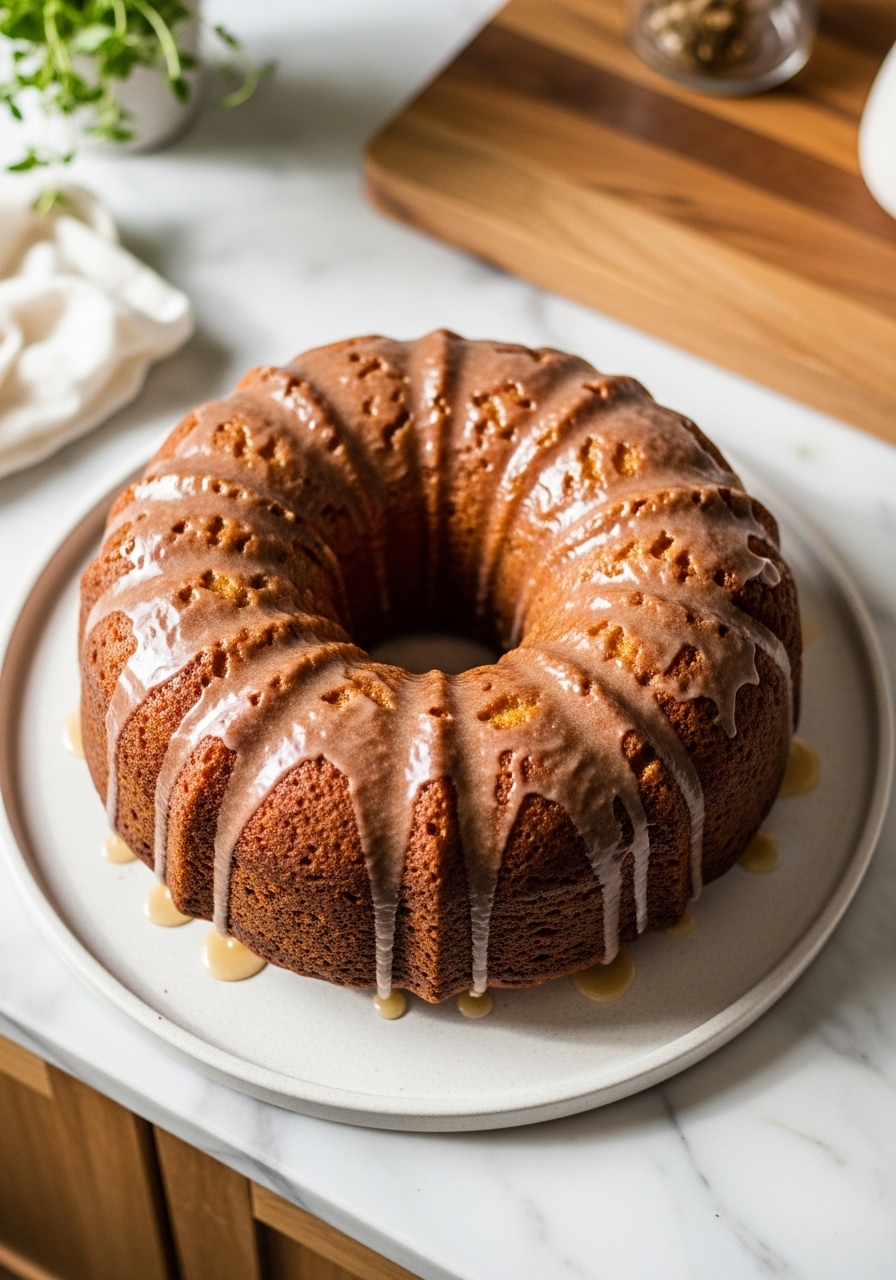 A delicious overhead 3:4 shot of the entire Honey Apple Butter Spice Cake, fully glazed, on a round ceramic platter. The cake is perfectly golden brown, showcasing its spiced aroma. The scene is set on marble countertops with wood accents and natural morning light, creating warm tones. Fresh herbs are visible in the soft background. No hands.