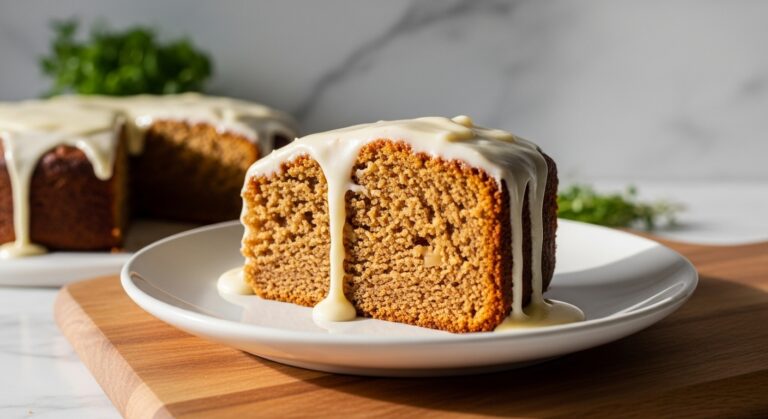 A beautifully composed 16:9 shot of a slice of Honey Apple Butter Spice Cake with Cream Cheese Glaze on a minimalist white plate, resting on the wooden cutting board. Natural morning light illuminates the rich, moist texture of the cake and the glossy drape of the glaze. Soft shadows emphasize the warmth, with fresh herbs subtly blurred in the background on the marble countertops. No hands.