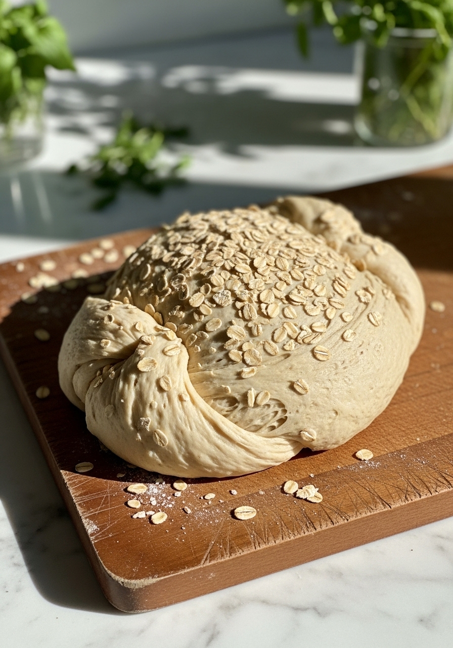 A rustic, unbaked Honey Oat Artisan Bread dough loaf, gently shaped and topped with oats, resting on the wooden cutting board. The dough shows a slight rise and subtle texture. Natural morning light illuminates the scene on marble countertops, with soft shadows and fresh herbs visible in the background, highlighting the authentic process.