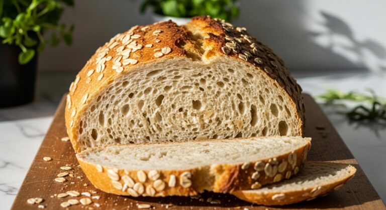 A delicious, perfectly golden-brown Honey Oat Artisan Bread loaf, sliced open to reveal a soft, airy crumb with visible oats, resting on the wooden cutting board on marble countertops. Natural morning light casts soft shadows, with fresh herbs subtly visible in the background, conveying warmth and a clean, tidy presentation. The bread looks incredibly mouth-watering.