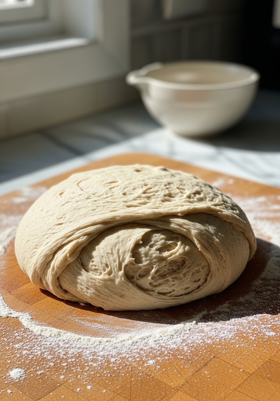 A close-up shot of the elastic, smooth honey whole wheat bread dough being kneaded on the wooden cutting board, with a light dusting of flour. Natural morning light spills from the east window, highlighting the texture. The marble countertops are clean in the background, with a ceramic bowl nearby, creating a clean and tidy presentation. NO HANDS.