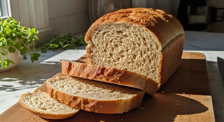 A mouth-watering, perfectly baked honey whole wheat bread loaf, beautifully golden-brown, sliced on the wooden cutting board. The scene is bathed in natural morning light from the east window, with subtle soft shadows. Fresh herbs are visible in the background on the marble countertop. The presentation is clean and tidy, evoking a warm, inviting kitchen. NO HANDS.