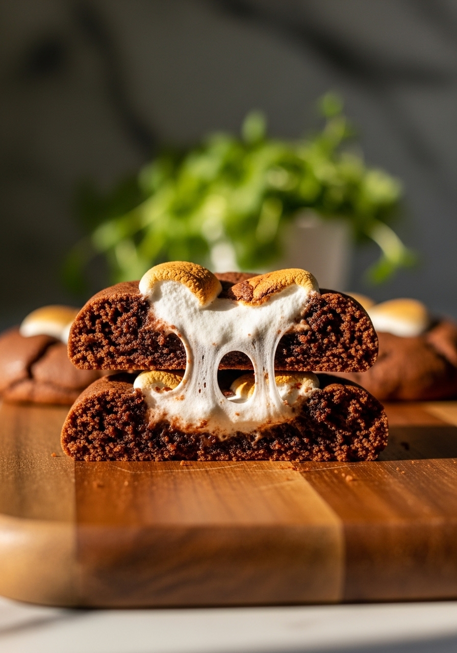 A mouth-watering 3:4 shot of a single Hot Cocoa Cookie, broken in half to reveal its chewy, chocolatey interior and gooey, stretched marshmallow. The cookie rests on the same wooden cutting board, with warm tones and soft shadows created by natural morning light on marble countertops. Fresh herbs are blurred subtly in the background. NO HANDS.