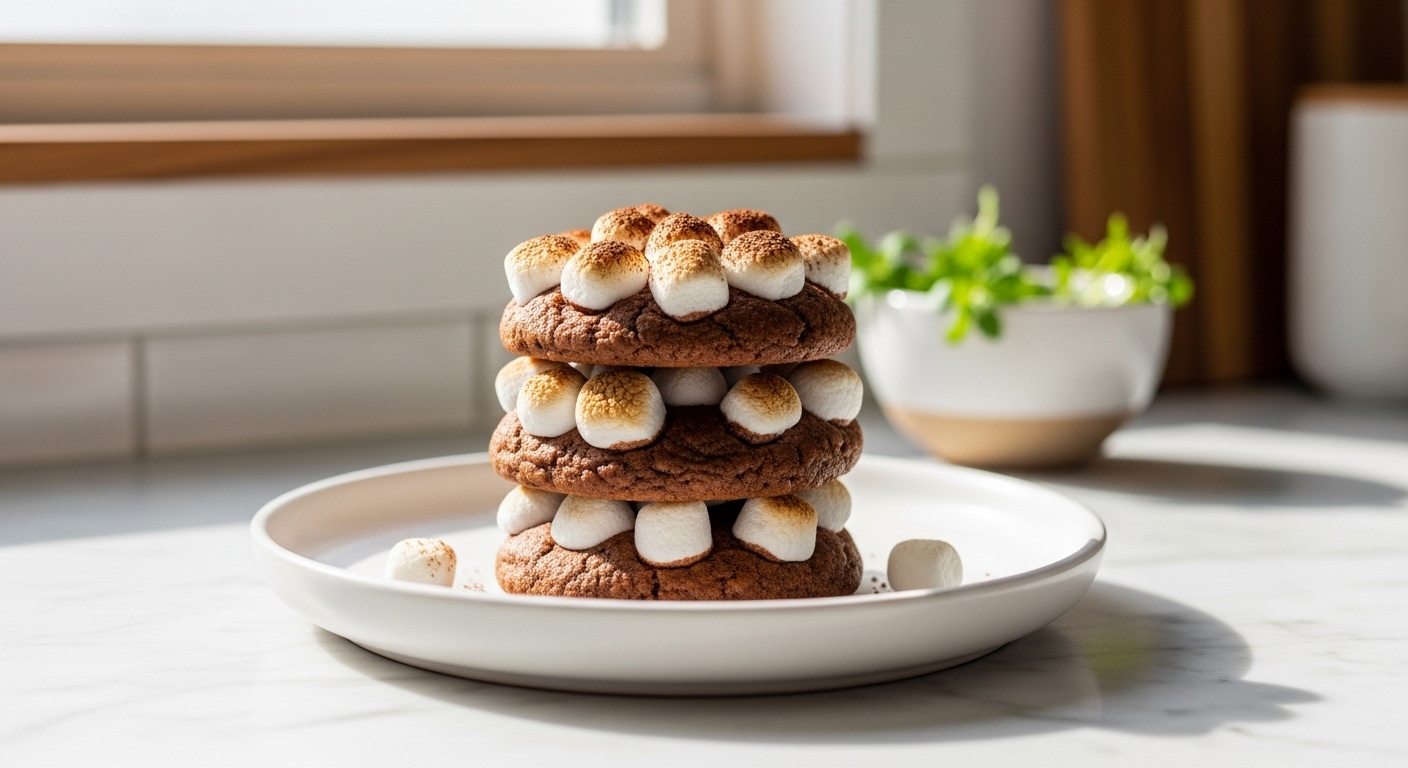 A beautiful 16:9 hero shot of a small stack of deliciously appealing Hot Cocoa Cookies on a minimalist white plate, adorned with perfectly golden-brown, melted mini marshmallows and a light dusting of cocoa powder. The cookies are on marble countertops with subtle wood accents in the background, bathed in soft natural morning light from an east window. Fresh herbs are visible in a small ceramic bowl in the background, creating warm tones and soft shadows with a clean and tidy presentation. NO HANDS.