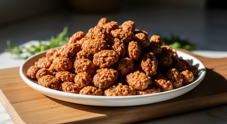 A generous, mouth-watering pile of golden brown candied nuts, glistening with a sugar coating, presented on a minimalist white plate on a wooden cutting board, with soft natural morning light from the east window creating warm shadows. Fresh herbs are subtly visible in the background, on a marble countertop.
