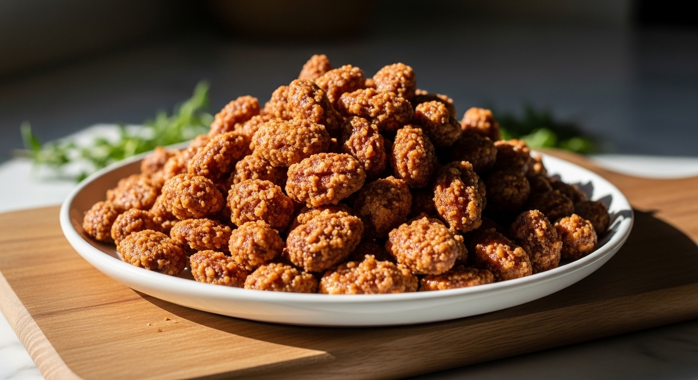 A generous, mouth-watering pile of golden brown candied nuts, glistening with a sugar coating, presented on a minimalist white plate on a wooden cutting board, with soft natural morning light from the east window creating warm shadows. Fresh herbs are subtly visible in the background, on a marble countertop.