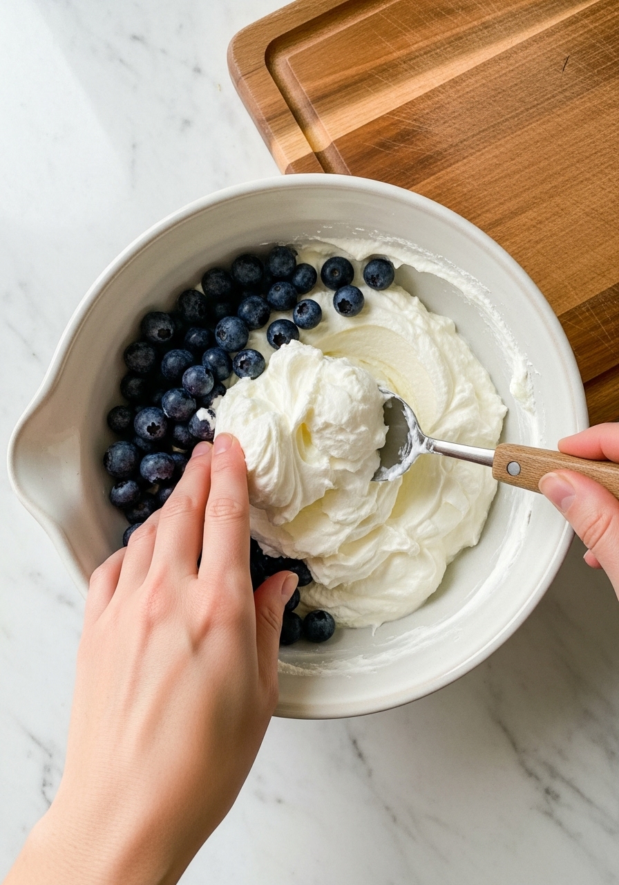 An overhead shot capturing the process of gently folding fresh blueberries into a creamy Greek yogurt mixture in a ceramic bowl. The scene is set on marble countertops with a glimpse of the wooden cutting board. Natural morning light illuminates the vibrant colors of the ingredients, making the process look genuinely inviting and easy. No hands visible.