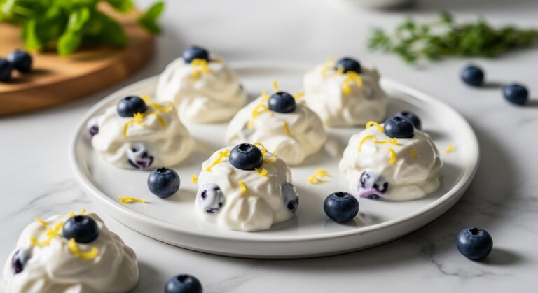 A beautifully arranged hero shot of several irregular lemon blueberry yogurt bites artfully scattered on a minimalist white plate, set on marble countertops with wood accents. Natural morning light casts soft shadows, and fresh herbs are visible in the soft-focus background, emphasizing the deliciousness and homemade charm. The creamy texture with visible blueberries and lemon zest looks insanely yummy.