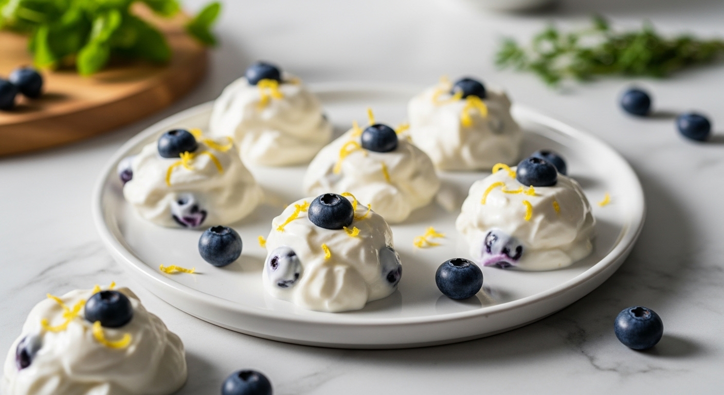 A beautifully arranged hero shot of several irregular lemon blueberry yogurt bites artfully scattered on a minimalist white plate, set on marble countertops with wood accents. Natural morning light casts soft shadows, and fresh herbs are visible in the soft-focus background, emphasizing the deliciousness and homemade charm. The creamy texture with visible blueberries and lemon zest looks insanely yummy.