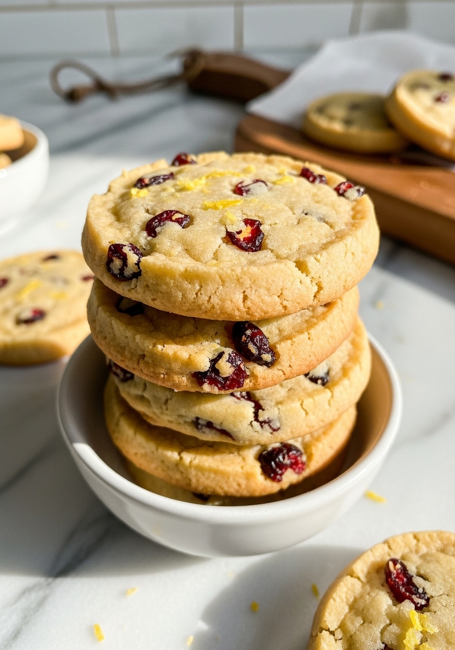 A close-up shot of a stack of golden-brown Lemon Cranberry Shortbread cookies on a small ceramic bowl, viewed from a slightly different angle than the featured image. The shortbread cookies exhibit a perfectly tender crumb, with vibrant specks of red cranberries and delicate lemon zest visible. It sits on marble countertops with a glimpse of the wooden cutting board and soft morning light. No hands.