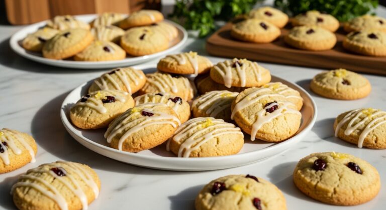 A beautifully arranged spread of golden-brown Lemon Cranberry Shortbread cookies on a minimalist white plate, some drizzled with a light lemon glaze, set against a backdrop of marble countertops and wood accents. Natural morning light casts soft shadows. Fresh herbs are subtly visible in the background, adding a touch of green. The presentation is clean, tidy, and inviting, showcasing the cookies' irresistible texture and zesty appeal. No hands.