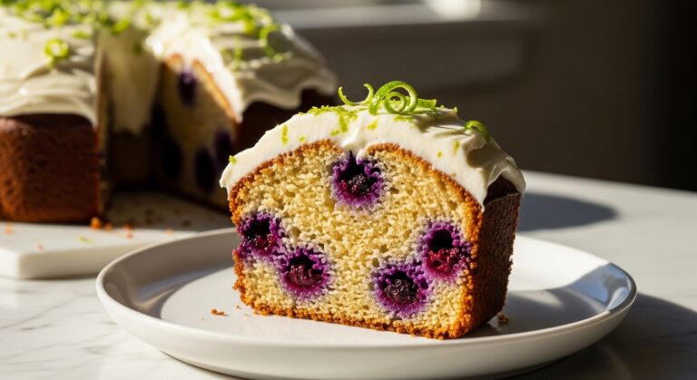 A beautifully plated slice of golden-brown Lime Blueberry Pound Cake with its tender crumb revealing juicy purple blueberries. It's topped with thick, creamy white lime cream cheese frosting and bright green lime zest curls. The slice is on a minimalist white plate on a marble countertop, with the full loaf subtly blurred in the background, all bathed in soft natural morning light from the east window. The scene is clean, tidy, with warm tones and soft shadows.