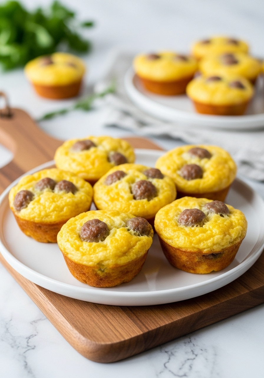 A 3:4 shot of several golden brown Maple Sausage and Egg Muffins arranged on a minimalist white plate, placed on the same wooden cutting board on marble countertops. The natural morning light highlights the delicious, fluffy texture, with a few fresh herbs artfully blurred in the background, showcasing a warm and inviting finished dish from a different angle.