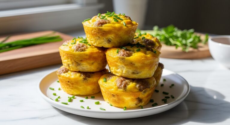 A beautifully composed 16:9 shot of a stack of golden brown Maple Sausage and Egg Muffins on a minimalist white plate, garnished with fresh chives. The scene is bathed in natural morning light from an east window, with subtle soft shadows. Marble countertops and a hint of the same wooden cutting board are visible in the background, along with fresh herbs, conveying a warm, clean, and tidy presentation.