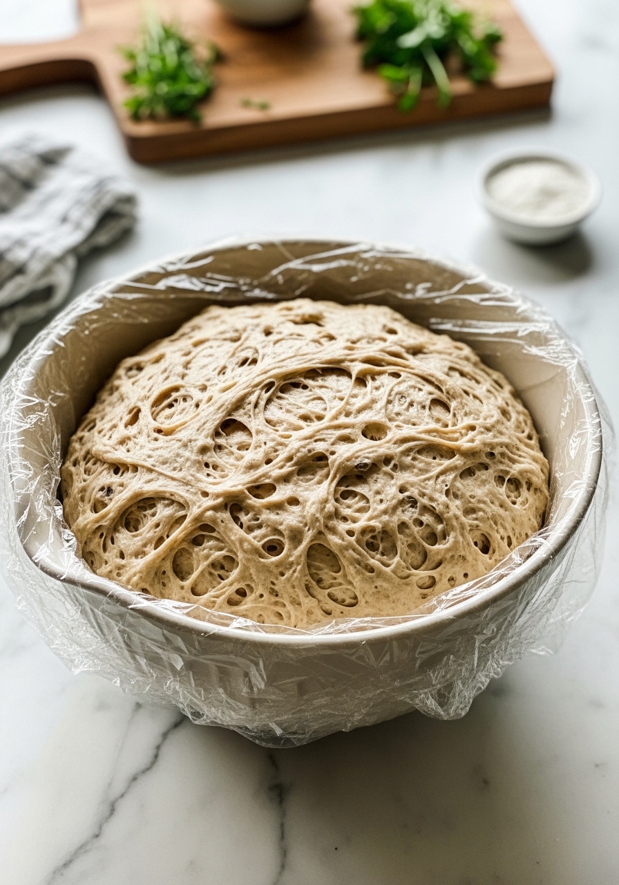 A wide shot of a shaggy, sticky No Knead Cinnamon Raisin Bread dough in a large ceramic bowl, covered loosely with plastic wrap, rising on marble countertops. Natural morning light casts soft shadows. The same wooden cutting board and fresh herbs are subtly visible in the background, creating a lived-in kitchen feel. No hands.