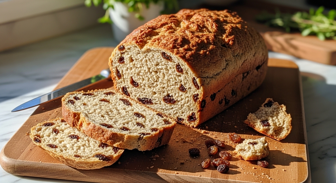 A gloriously baked, golden brown No Knead Cinnamon Raisin Bread loaf, sliced to reveal its tender, raisin-studded crumb, resting on the same wooden cutting board. A few artful crumbs and plump raisins are scattered nearby. The scene is bathed in natural morning light from an east window, highlighting the warm tones of the bread against marble countertops with wood accents. Fresh herbs are visible in the soft-focused background, clean and tidy presentation. No hands.