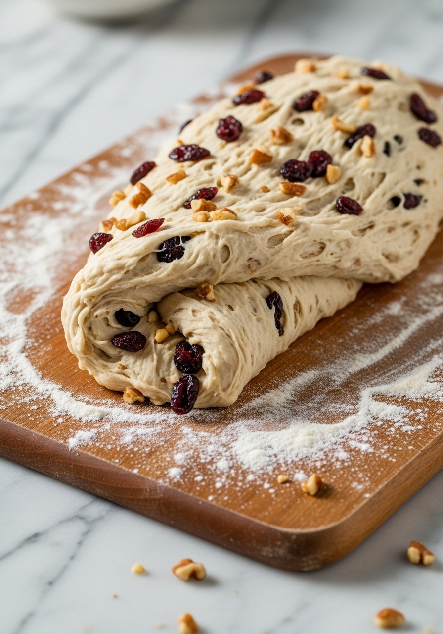 A close-up action shot of the shaggy No Knead Cranberry Nut Bread dough being gently folded on a lightly floured wooden cutting board, with vibrant dried cranberries and chopped nuts visible. Natural morning light illuminates the marble countertops and the dough, creating soft shadows. No hands are visible, focusing on the texture and ingredients during the shaping process.