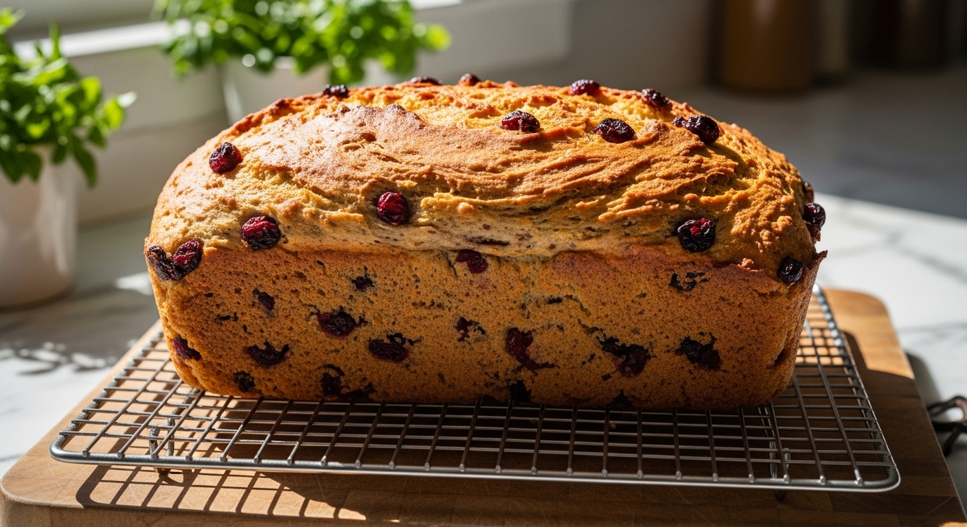 A beautifully golden-brown No Knead Cranberry Nut Bread loaf, cooling on a wire rack placed on the wooden cutting board, with natural morning light streaming from an east window. Fresh herbs are visible in the soft-focused background on marble countertops. The scene is clean, tidy, with warm tones and soft shadows, emphasizing the rustic, mouth-watering crust and plump cranberries.