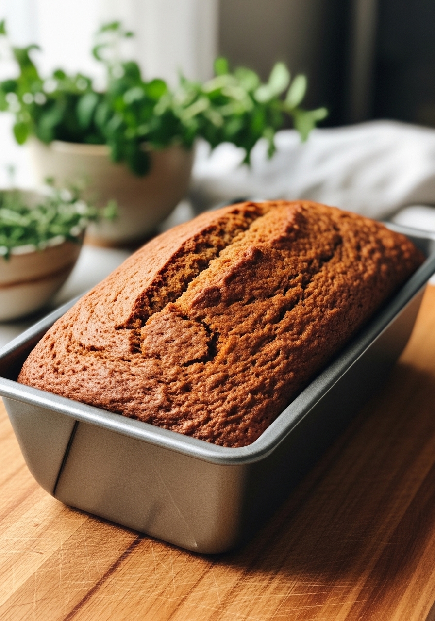 A delicious, full One-Bowl Gingerbread Loaf, still in the pan, cooling on the same wooden cutting board. The warm tones of the gingerbread are emphasized by the natural morning light. Fresh herbs are artfully placed in the background near a ceramic bowl, adding a touch of freshness to the cozy scene. The photo emphasizes the moist texture and golden-brown crust, without any hands.