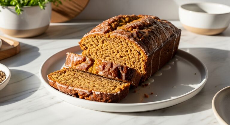 A golden brown, beautifully sliced One-Bowl Gingerbread Loaf, glistening with a light sugar glaze, presented on a minimalist white plate. It sits on marble countertops with subtle wood accents in the background. Natural morning light casts soft shadows. Fresh herbs are visible in a ceramic bowl. The overall scene is clean, tidy, warm, and inviting, with an insanely yummy appeal.