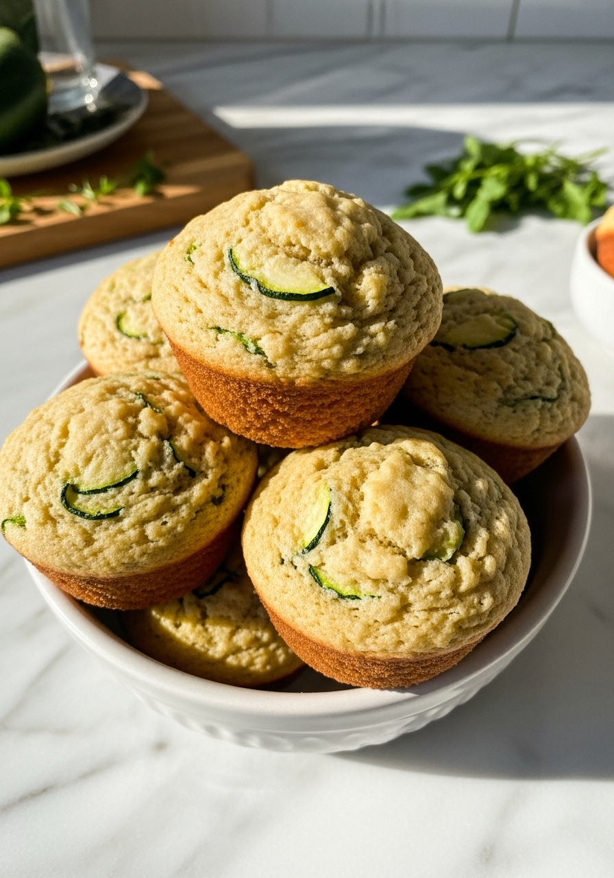 A delicious close-up, slightly elevated shot of a stack of fluffy One-Bowl Zucchini Carrot Muffins in a ceramic bowl, showing off their perfectly golden-brown tops and moist texture. The backdrop features natural morning light on marble countertops, with a glimpse of the wooden cutting board and fresh herbs. The presentation is clean and warm, without any hands.