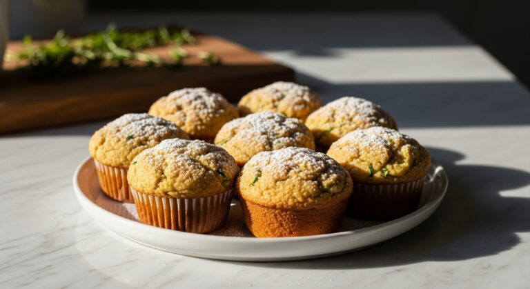 A beautifully arranged spread of golden-brown One-Bowl Zucchini Carrot Muffins on a minimalist white plate, gently dusted with powdered sugar. The scene is captured in natural morning light from an east window, highlighting soft shadows and warm tones on marble countertops. A wooden cutting board is subtly visible in the background, along with fresh herbs, contributing to a clean and tidy, inviting presentation. No hands visible.