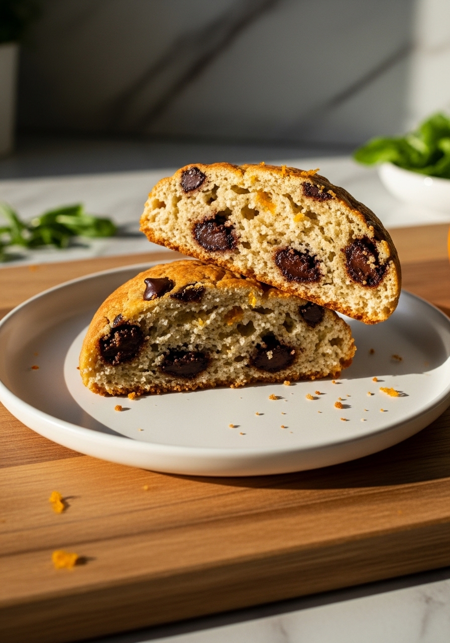 A perfectly baked Paleo Chocolate Orange Scone, sliced in half to reveal its tender, moist interior with visible dark chocolate chips and flecks of orange zest. The scone is on a minimalist white plate placed on the same wooden cutting board. Natural morning light creates warm tones and soft shadows. The background shows hints of marble countertops and fresh herbs, keeping the presentation clean and inviting (3:4 aspect ratio).