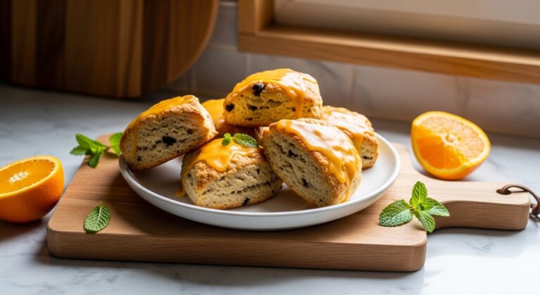 A beautifully composed 16:9 hero shot of several golden brown Paleo Chocolate Orange Scones with a light orange glaze, artfully arranged on a minimalist white plate, resting on the same wooden cutting board. Fresh orange slices and sprigs of fresh mint are subtly placed around. The scene is bathed in natural morning light from the east window, creating soft shadows and warm tones on the marble countertops with wood accents in the background. The presentation is clean and tidy, emphasizing deliciousness and a lived-in kitchen feel.