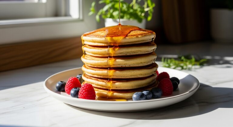 A beautifully plated stack of golden brown, fluffy pancakes on a minimalist white plate, drizzled with maple syrup. Fresh berries (blueberries, raspberries) are scattered artfully around the base. The scene is bathed in natural morning light from an east window, highlighting soft shadows. The marble countertop with subtle wood accents is visible, with fresh herbs in the background, maintaining a clean and tidy presentation. NO HANDS.
