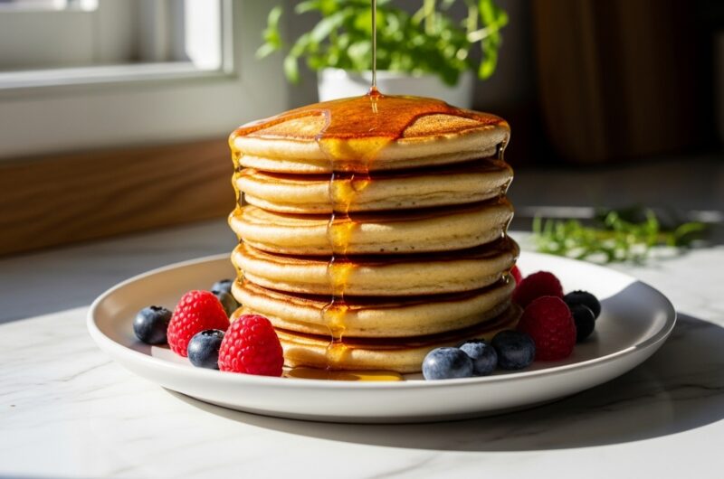 A beautifully plated stack of golden brown, fluffy pancakes on a minimalist white plate, drizzled with maple syrup. Fresh berries (blueberries, raspberries) are scattered artfully around the base. The scene is bathed in natural morning light from an east window, highlighting soft shadows. The marble countertop with subtle wood accents is visible, with fresh herbs in the background, maintaining a clean and tidy presentation. NO HANDS.