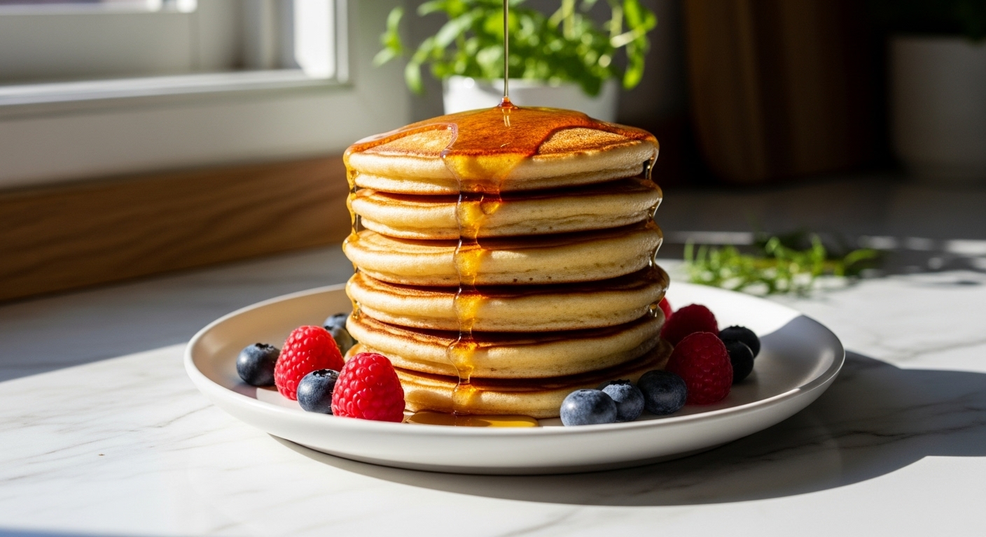A beautifully plated stack of golden brown, fluffy pancakes on a minimalist white plate, drizzled with maple syrup. Fresh berries (blueberries, raspberries) are scattered artfully around the base. The scene is bathed in natural morning light from an east window, highlighting soft shadows. The marble countertop with subtle wood accents is visible, with fresh herbs in the background, maintaining a clean and tidy presentation. NO HANDS.