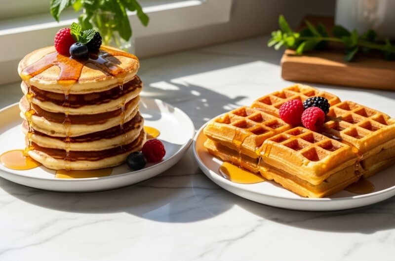 A beautifully plated scene of one stack of golden-brown fluffy pancakes and one perfectly crisp golden waffle, both garnished with a drizzle of maple syrup and a few fresh berries. They are arranged side-by-side on minimalist white plates on marble countertops, with warm natural morning light streaming from an east window, casting soft shadows. A few fresh herbs like mint are visible in the background, and the signature wooden cutting board is subtly placed nearby, creating a clean, tidy, and deliciously appealing presentation without any hands.