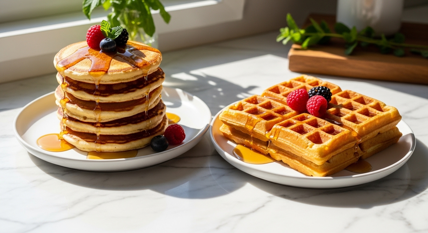 A beautifully plated scene of one stack of golden-brown fluffy pancakes and one perfectly crisp golden waffle, both garnished with a drizzle of maple syrup and a few fresh berries. They are arranged side-by-side on minimalist white plates on marble countertops, with warm natural morning light streaming from an east window, casting soft shadows. A few fresh herbs like mint are visible in the background, and the signature wooden cutting board is subtly placed nearby, creating a clean, tidy, and deliciously appealing presentation without any hands.