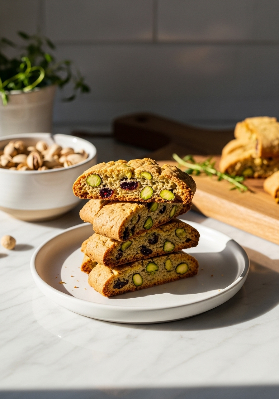 A 3:4 shot of a stack of golden brown Pistachio Cranberry Biscotti, showcasing their crunchy texture and visible green pistachios and red cranberries. The cookies are on a minimalist white plate, with a ceramic bowl filled with extra pistachios in the background. Natural morning light streams in, highlighting the marble countertops and a corner of the same wooden cutting board. Fresh herbs are subtly visible, contributing to warm tones and soft shadows in a clean, tidy setting.