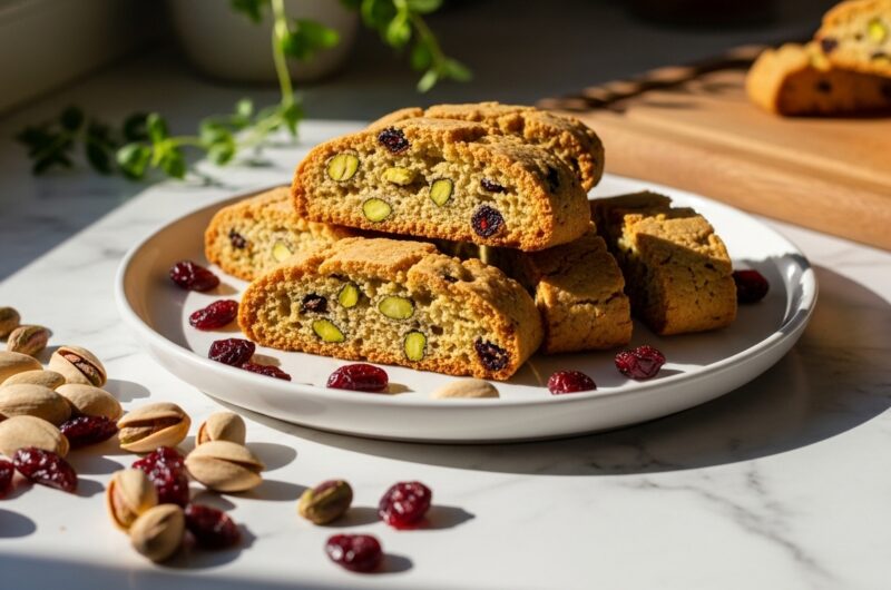 A beautifully arranged 16:9 shot of several golden brown Pistachio Cranberry Biscotti on a minimalist white plate, with a scattering of loose pistachios and dried cranberries around it. The scene is bathed in natural morning light from an east window, resting on marble countertops with subtle wood accents. Fresh herbs are visible softly blurred in the background, and the same wooden cutting board peeks into the corner, adding a warm tone. Soft shadows fall gracefully, maintaining a clean and tidy presentation with delicious appeal.