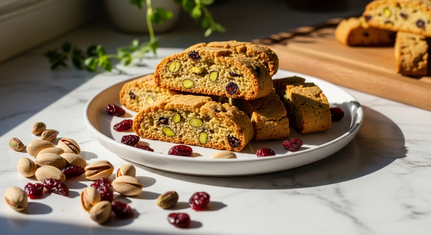A beautifully arranged 16:9 shot of several golden brown Pistachio Cranberry Biscotti on a minimalist white plate, with a scattering of loose pistachios and dried cranberries around it. The scene is bathed in natural morning light from an east window, resting on marble countertops with subtle wood accents. Fresh herbs are visible softly blurred in the background, and the same wooden cutting board peeks into the corner, adding a warm tone. Soft shadows fall gracefully, maintaining a clean and tidy presentation with delicious appeal.