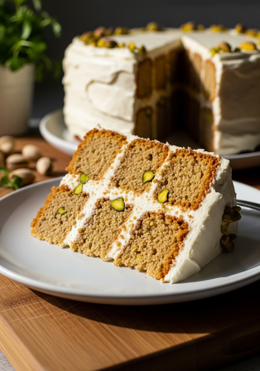 A tempting slice of Pistachio Honey Cake with Orange Blossom Frosting, showing its moist layers and creamy frosting, perfectly presented on a minimalist white plate. The slice is angled towards the camera, highlighting the cake's texture and the pistachio speckles within. The shot is taken with natural morning light on the wooden cutting board, with soft shadows and warm tones, a clean presentation. Fresh herbs are blurred in the background.