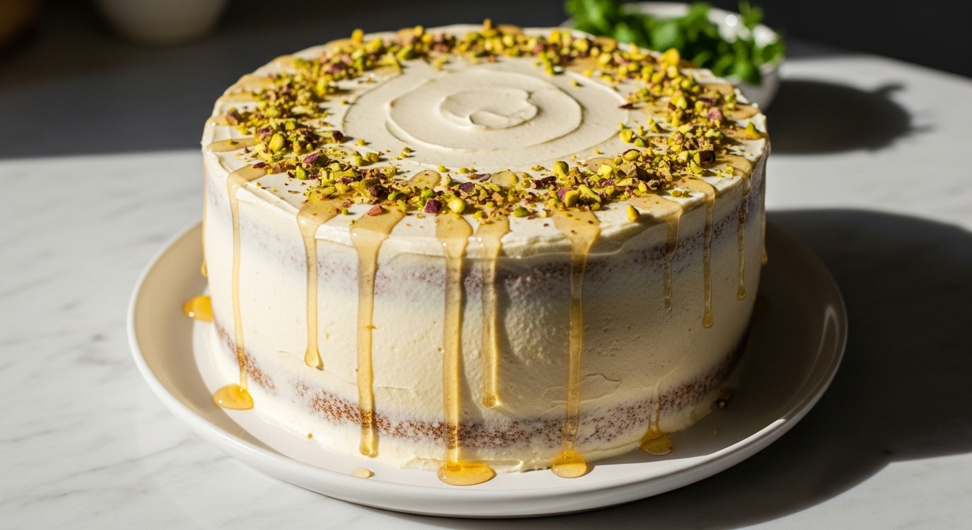 A delicious, fully frosted Pistachio Honey Cake with Orange Blossom Frosting, beautifully plated on a minimalist white plate, garnished with chopped pistachios and a delicate honey drizzle. The cake is the centerpiece, shot with natural morning light, on a marble countertop with soft shadows, showcasing warm tones and a clean, tidy presentation. Fresh herbs are subtly visible in the soft background.