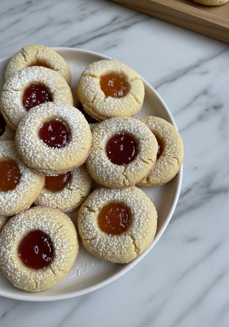 A delicious array of baked Polish Kolaczki Cookies from a slightly elevated side angle, showcasing their flaky texture, pale golden color, and the glistening red and apricot jam centers, all beautifully dusted with powdered sugar. The cookies are on a minimalist white plate, resting on marble countertops with subtle wood accents, bathed in natural morning light. No hands or people.
