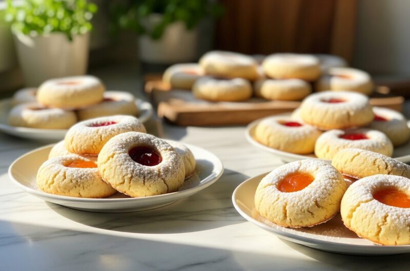 An inviting, mouth-watering arrangement of freshly baked Polish Kolaczki Cookies, with pale golden dough, vibrant red and apricot jam fillings, generously dusted with powdered sugar. The cookies are artfully scattered on minimalist white plates on marble countertops, with soft natural morning light streaming from an east window, casting warm tones and gentle shadows. A few fresh herbs are visible in the soft background, and the same wooden cutting board is subtly present. No hands or people.