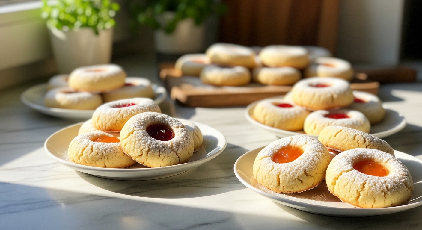 An inviting, mouth-watering arrangement of freshly baked Polish Kolaczki Cookies, with pale golden dough, vibrant red and apricot jam fillings, generously dusted with powdered sugar. The cookies are artfully scattered on minimalist white plates on marble countertops, with soft natural morning light streaming from an east window, casting warm tones and gentle shadows. A few fresh herbs are visible in the soft background, and the same wooden cutting board is subtly present. No hands or people.