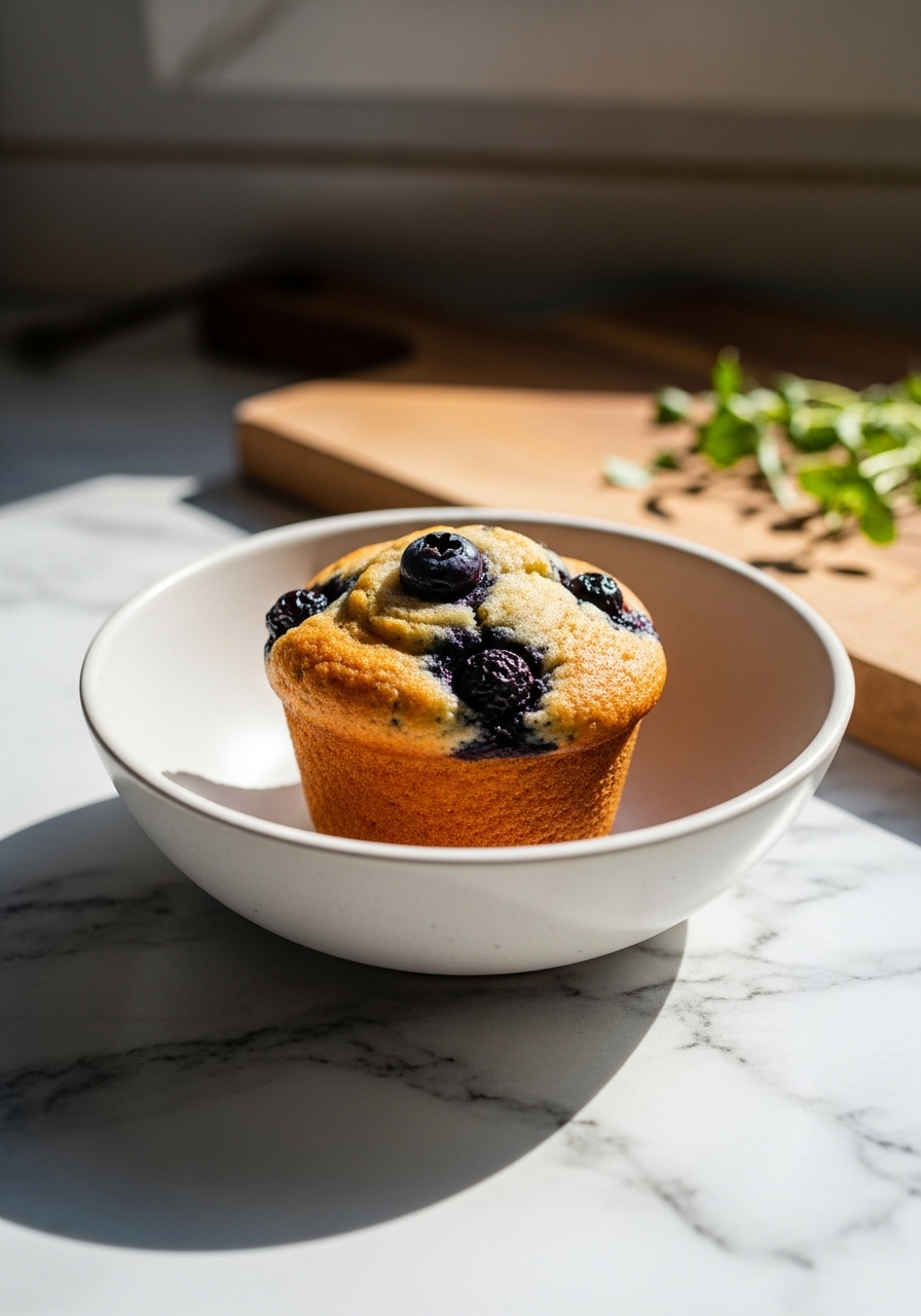 A single, perfectly baked, deliciously appealing Protein Blueberry Muffin showcased in a minimalist ceramic bowl, highlighting its golden-brown top and burst blueberries. Bathed in natural morning light from an east window, casting soft shadows on a marble countertop with wood accents. The same wooden cutting board is subtly visible in the background, along with fresh herbs, creating a warm, clean, and tidy presentation.